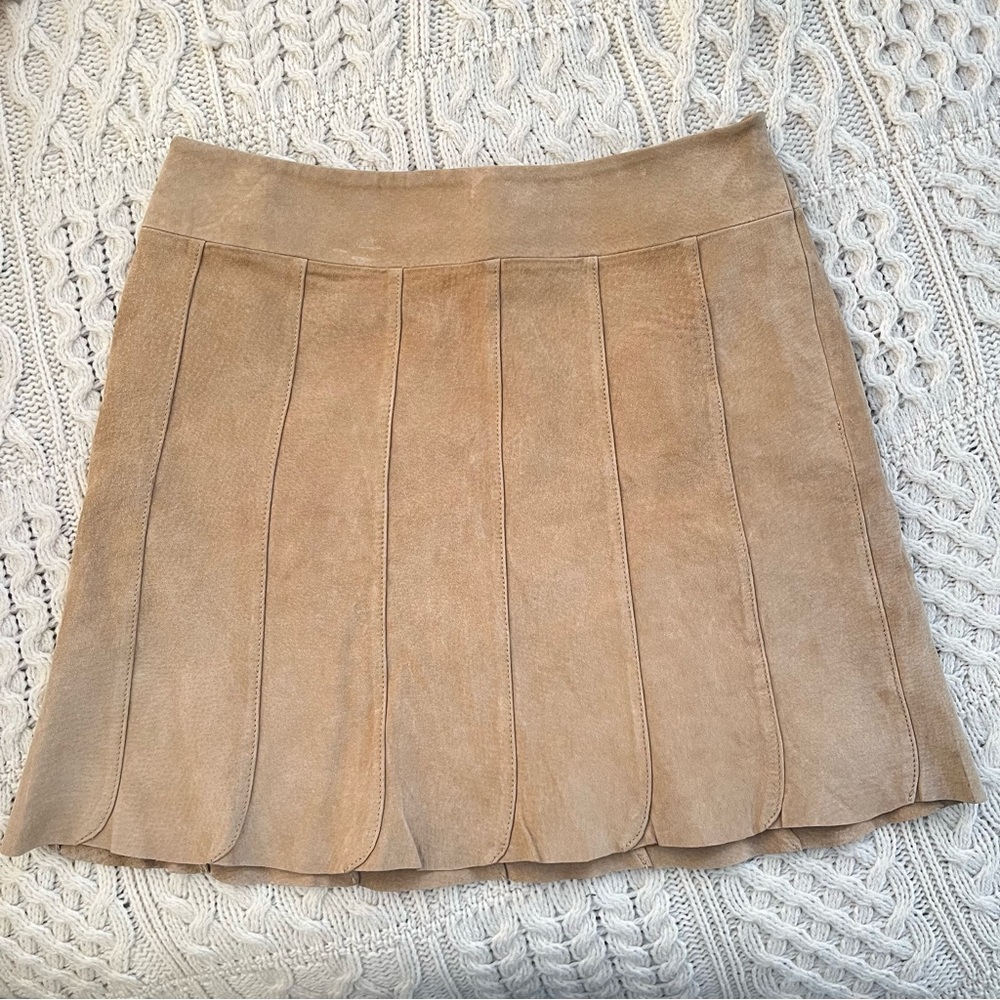 Boston Proper Genuine Leather Mini Skirt Size 8 Paneling Neutral Suede Fall